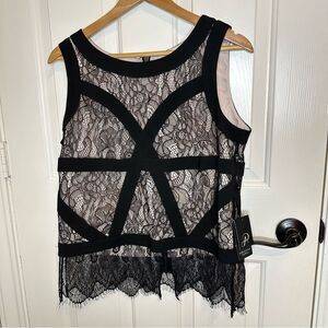 BNWT Adrianna Papell Black Creme Tan Lace Sleeves Top Sz 12 Office Business Chic